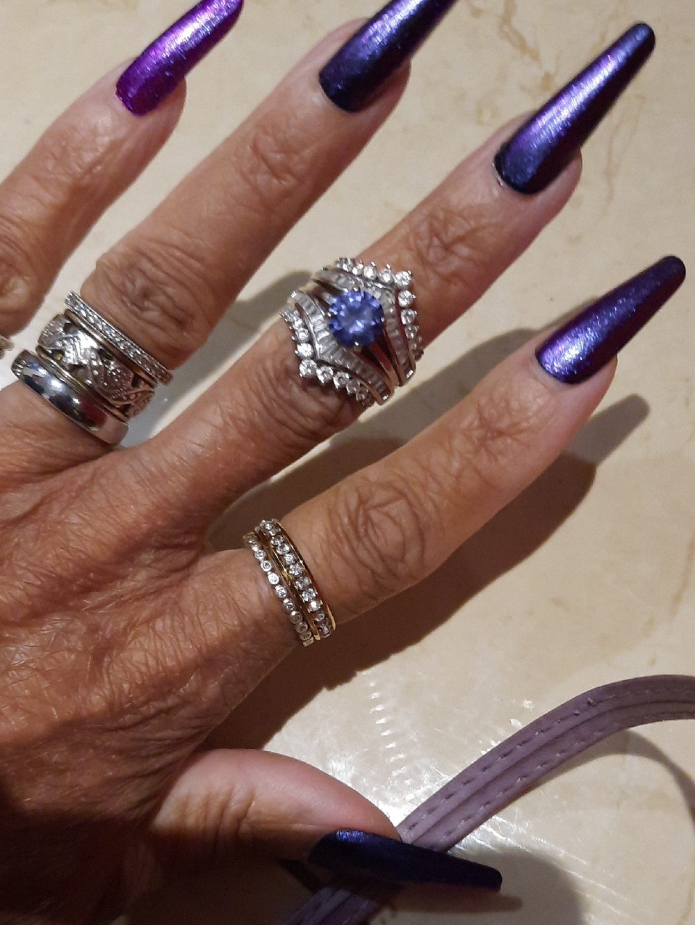 Solid terling Silver Tanzanite CZ Bridal 3 Ring Set Size 7